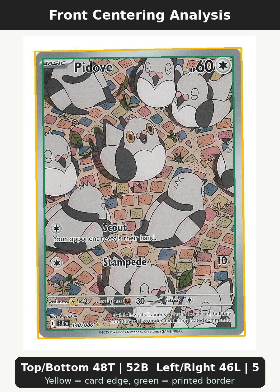 Pidove 148/86 Black Bolt front centering analysis showing Top/Bottom 48T | 52B and Left/Right 46L | 54R.
