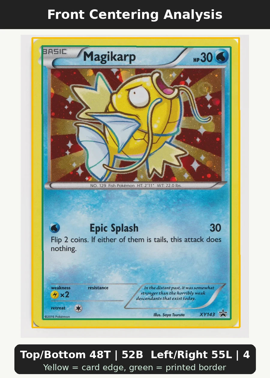 Magikarp XY143/211 XY Black Star Promos front centering analysis showing Top/Bottom 48T | 52B and Left/Right 55L | 45R.