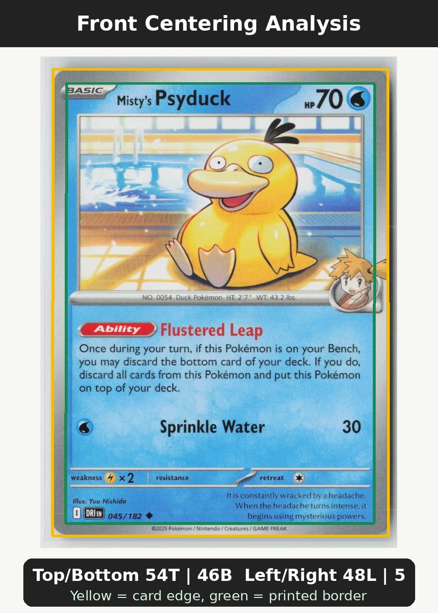 Misty's Psyduck 045/182 · Normal Destined Rivals front centering analysis showing Top/Bottom 54T | 46B and Left/Right 48L | 52R.