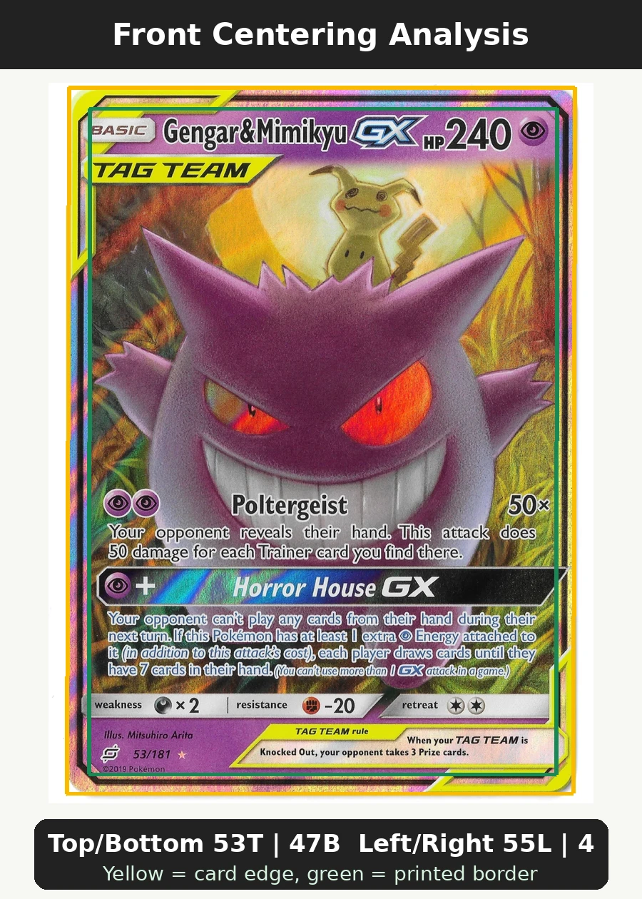 Gengar & Mimikyu GX 053/181 Team Up front centering analysis showing Top/Bottom 53T | 47B and Left/Right 55L | 45R.