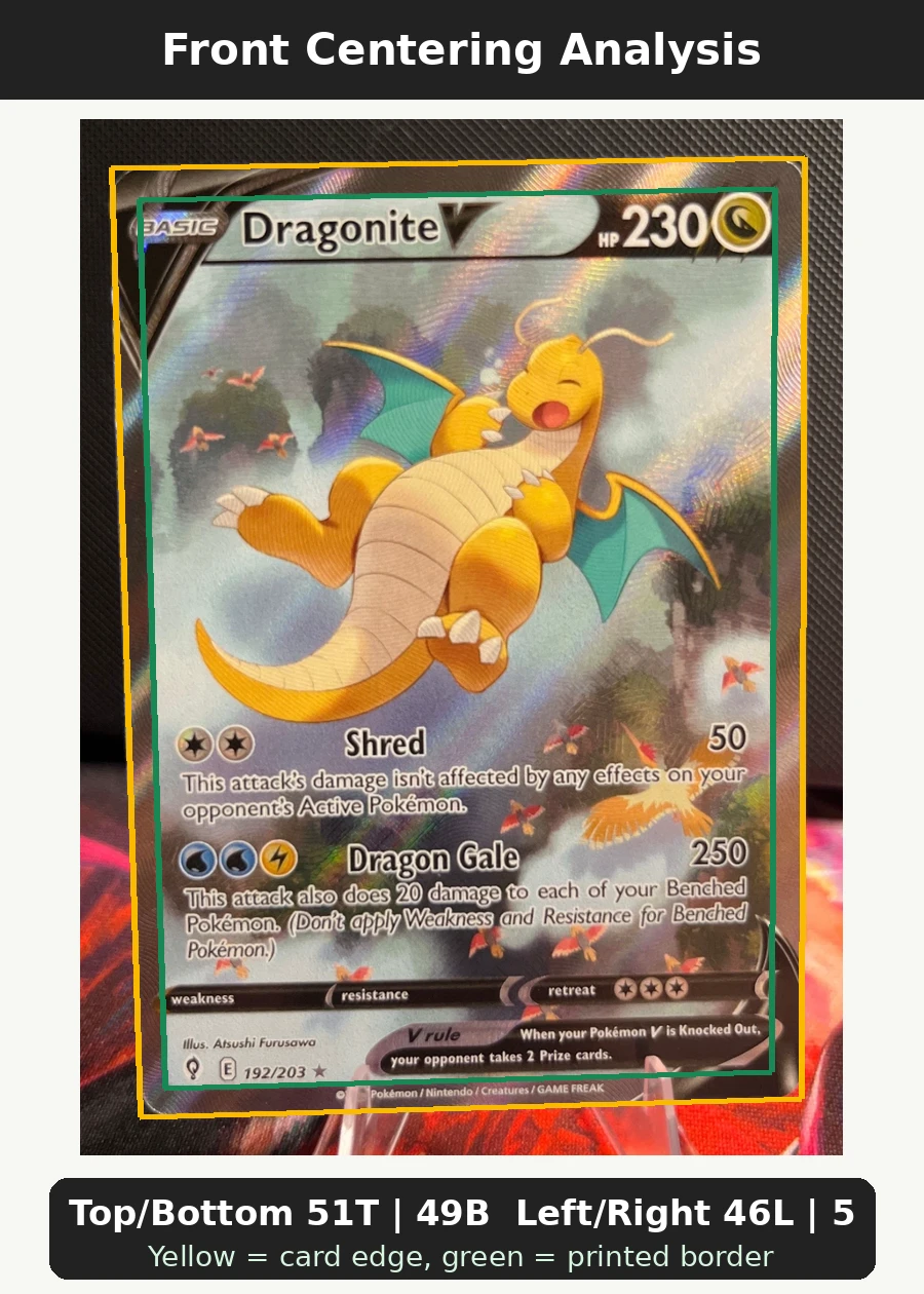 Dragonite V 192/203 Evolving Skies front centering analysis showing Top/Bottom 51T | 49B and Left/Right 46L | 54R.