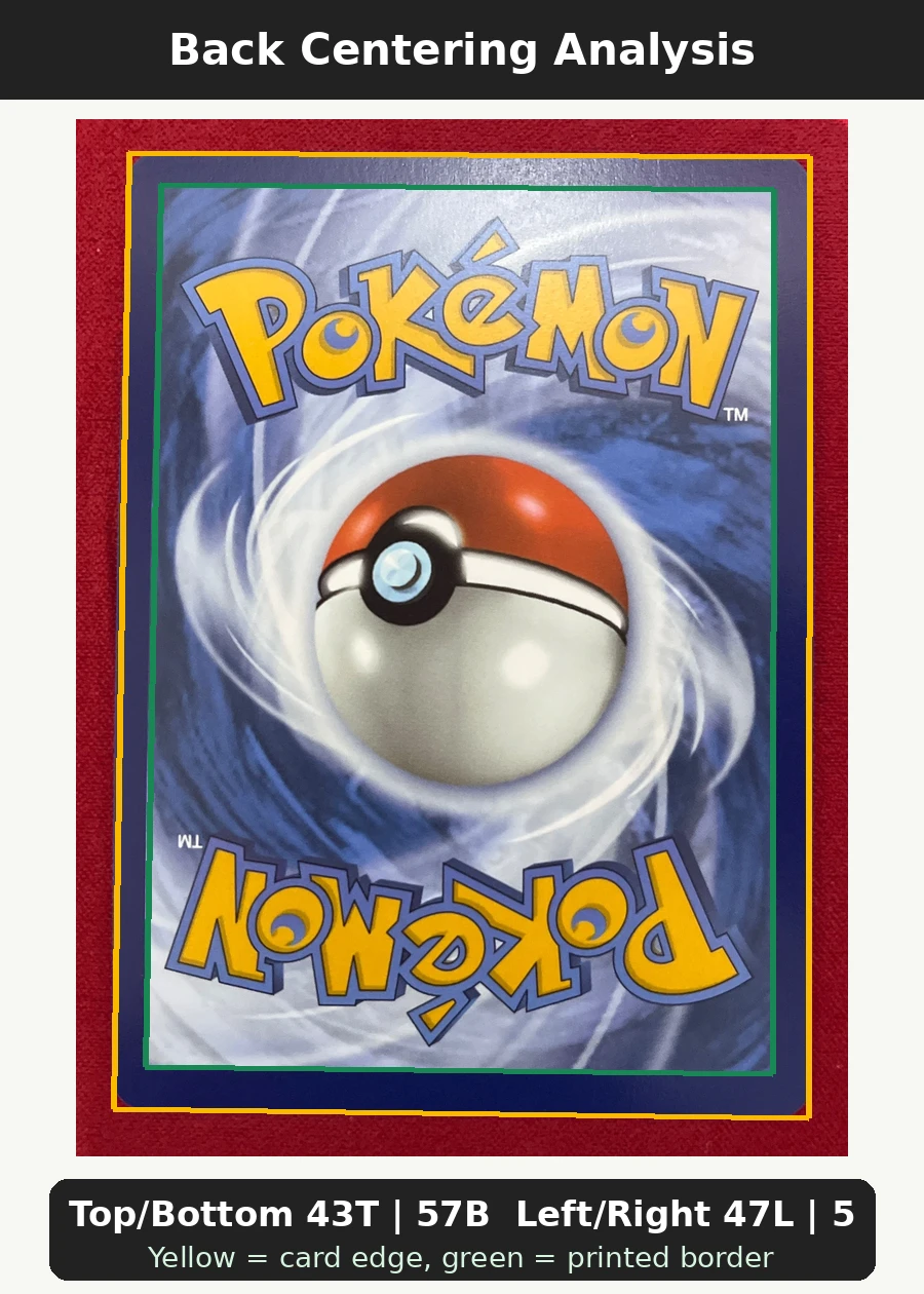 Pikachu ex 238/191 Surging Sparks back centering analysis showing Top/Bottom 43T | 57B and Left/Right 47L | 53R.