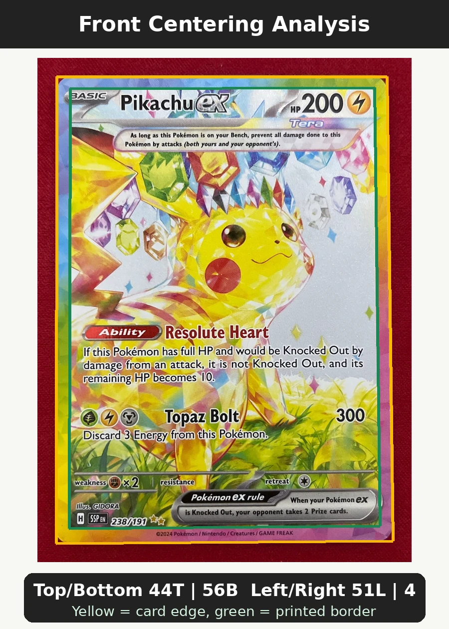 Pikachu ex 238/191 Surging Sparks front centering analysis showing Top/Bottom 44T | 56B and Left/Right 51L | 49R.