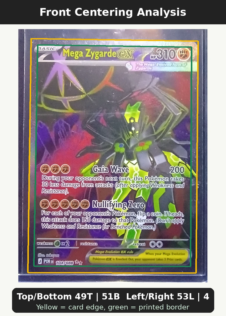 Mega Zygarde ex 104/88 Perfect Order front centering analysis showing Top/Bottom 49T | 51B and Left/Right 53L | 47R.