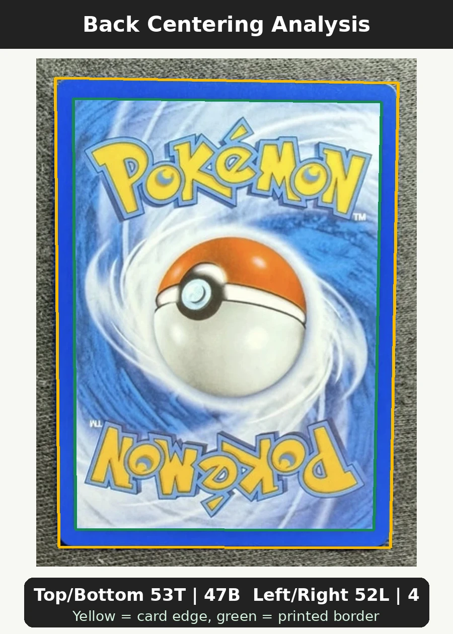 Charizard 004 30th Classic Collection back centering analysis showing Top/Bottom 53T | 47B and Left/Right 52L | 48R.