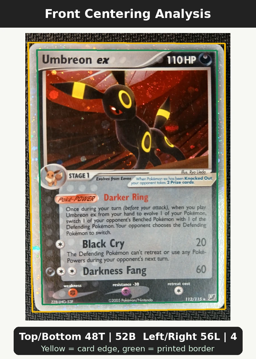 Umbreon ex 112/115 Unseen Forces front centering analysis showing Top/Bottom 48T | 52B and Left/Right 56L | 44R.
