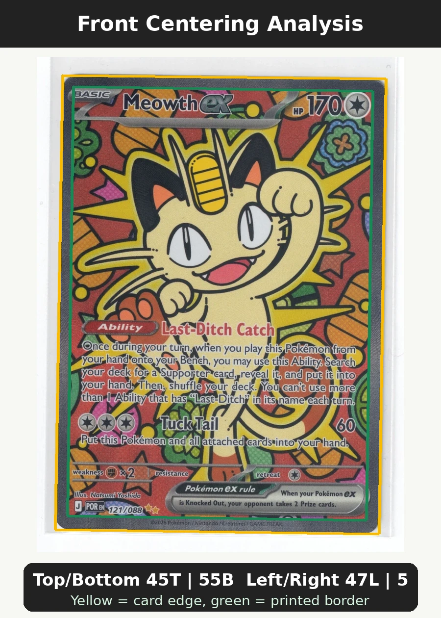 Meowth ex 121/88 Perfect Order front centering analysis showing Top/Bottom 45T | 55B and Left/Right 47L | 53R.