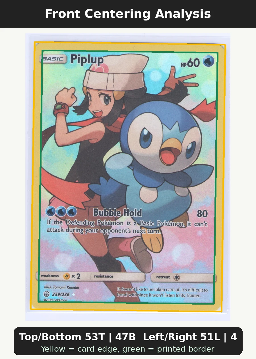 Piplup 239/236 Cosmic Eclipse front centering analysis showing Top/Bottom 53T | 47B and Left/Right 51L | 49R.