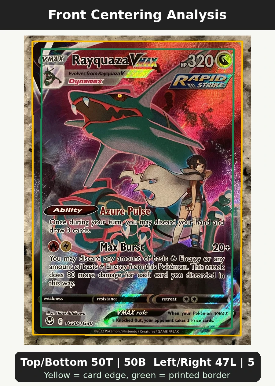 Rayquaza VMAX TG20/195 Silver Tempest front centering analysis showing Top/Bottom 50T | 50B and Left/Right 47L | 53R.