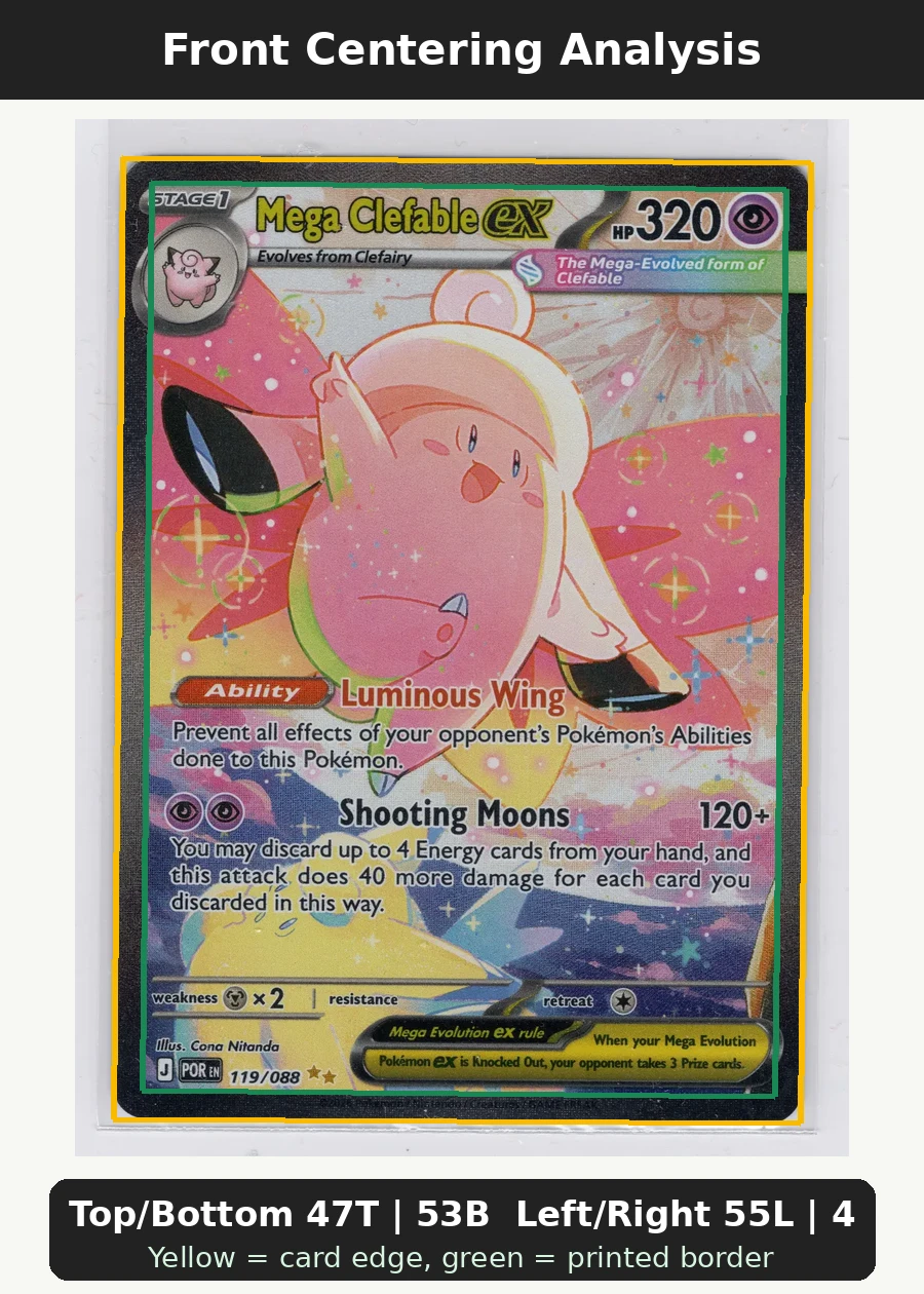 Mega Clefable ex 119/88 Perfect Order front centering analysis showing Top/Bottom 47T | 53B and Left/Right 55L | 45R.