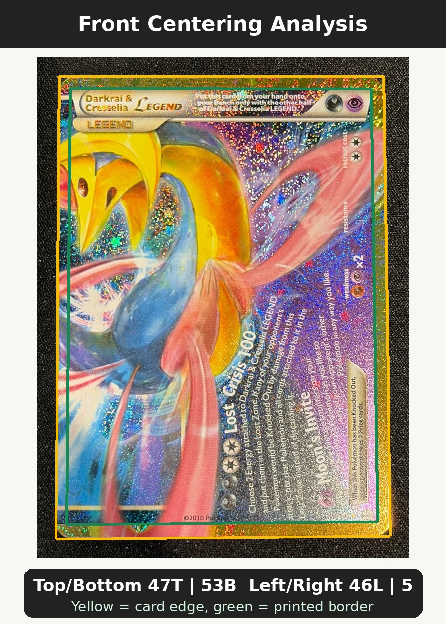 Darkrai & Cresselia LEGEND 100/102 Triumphant front centering analysis showing Top/Bottom 47T | 53B and Left/Right 46L | 54R.