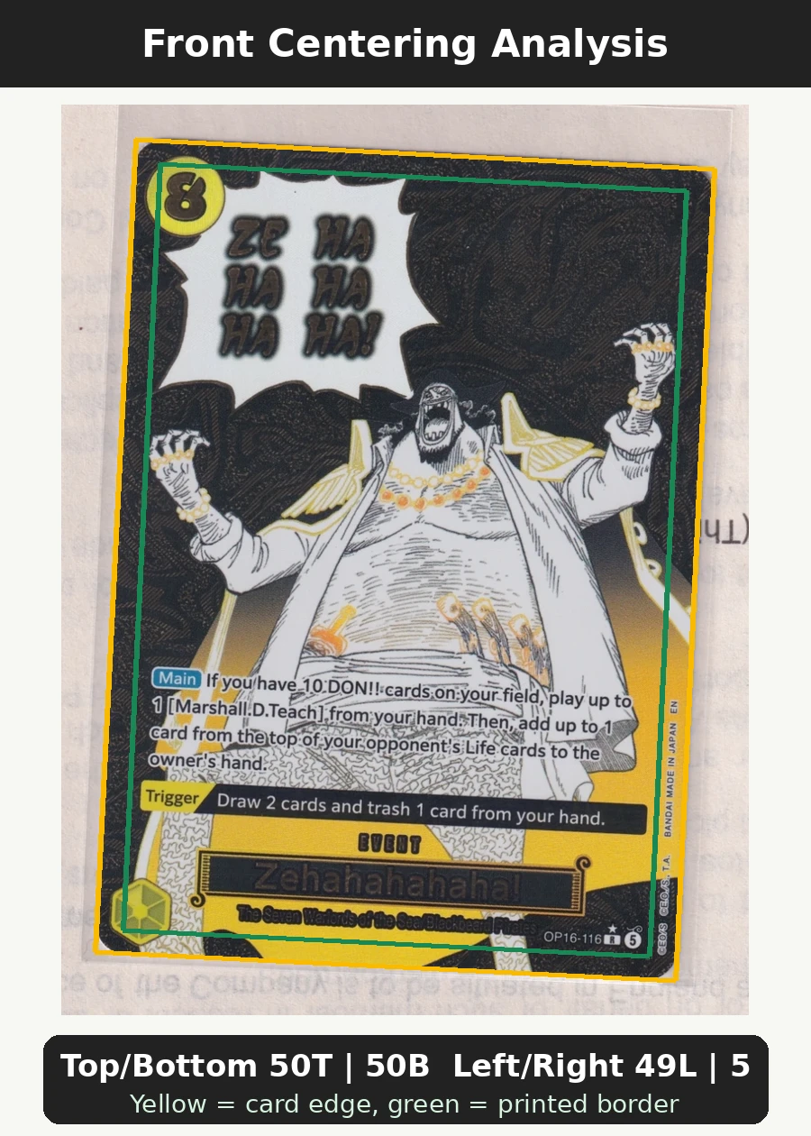 Zehahahahaha! (OP16-116) · Alternate Art OP16-116 The Time of Battle front centering analysis showing Top/Bottom 50T | 50B and Left/Right 49L | 51R.