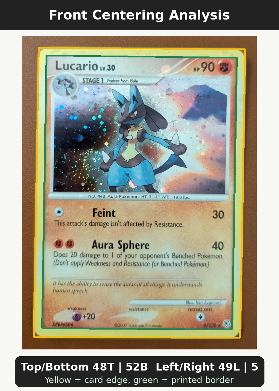 Lucario 006/130 Diamond & Pearl front centering analysis showing Top/Bottom 48T | 52B and Left/Right 49L | 51R.