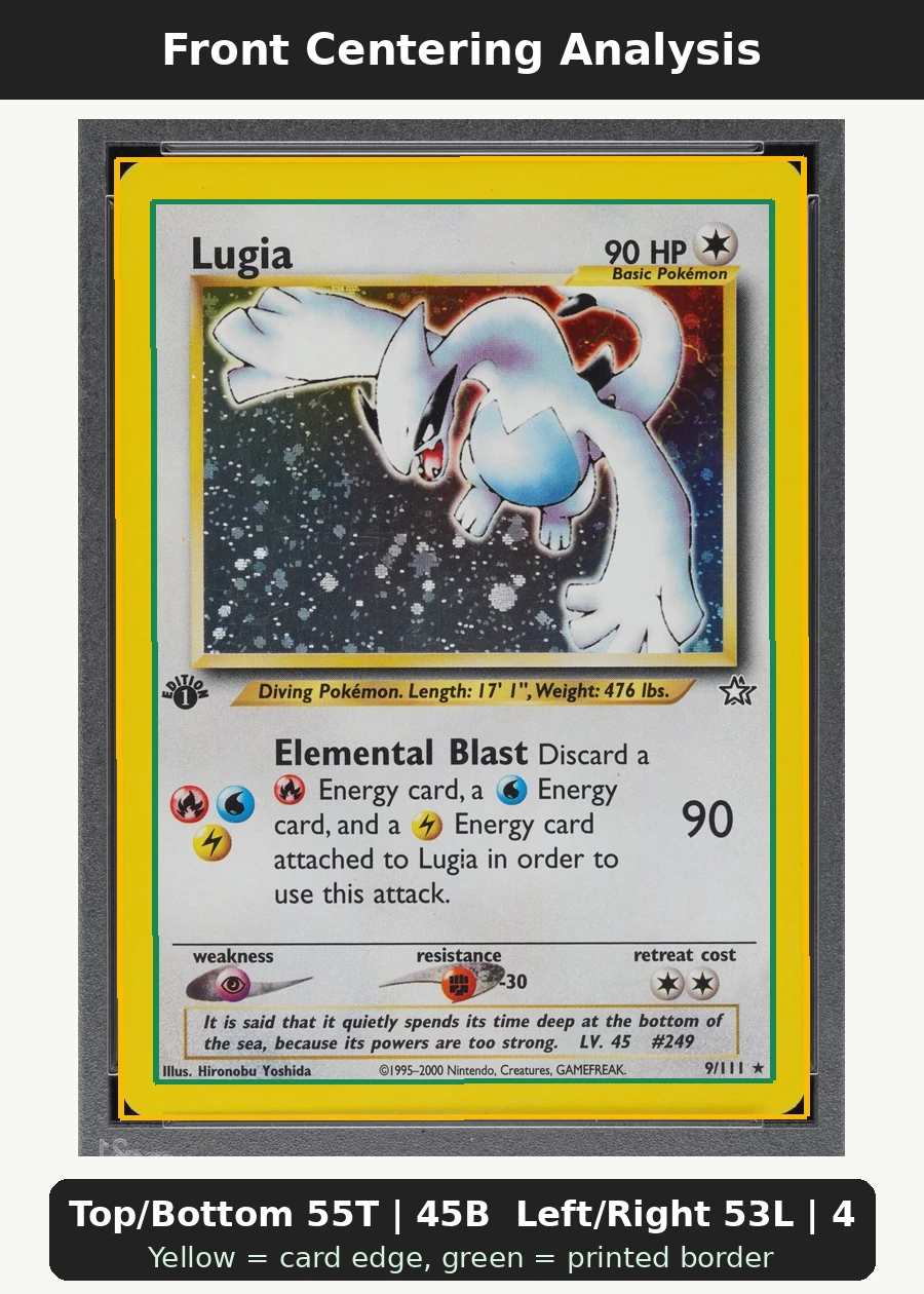 Lugia 009/111 Neo Genesis front centering analysis showing Top/Bottom 55T | 45B and Left/Right 53L | 47R.