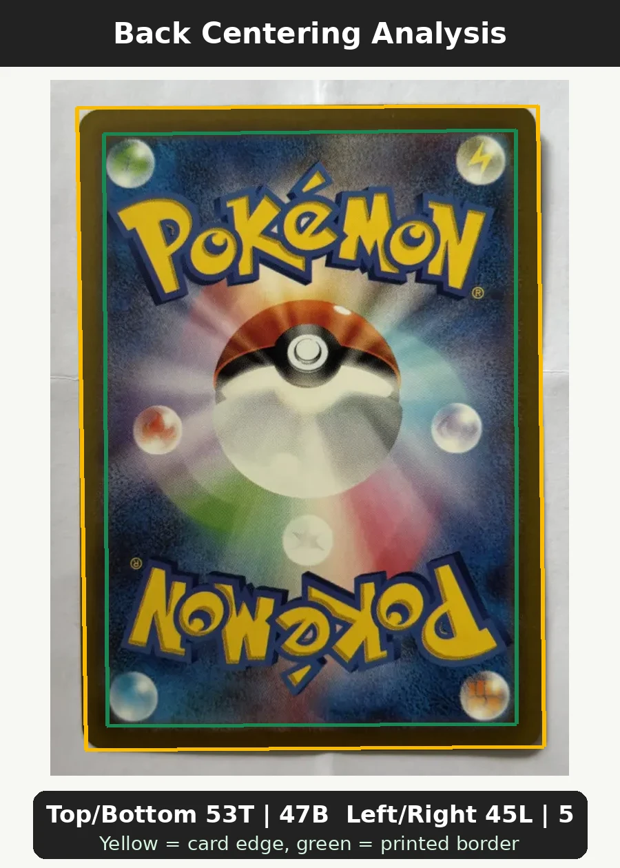 Detective Pikachu SM170/248 SM Black Star Promos back centering analysis showing Top/Bottom 53T | 47B and Left/Right 45L | 55R.