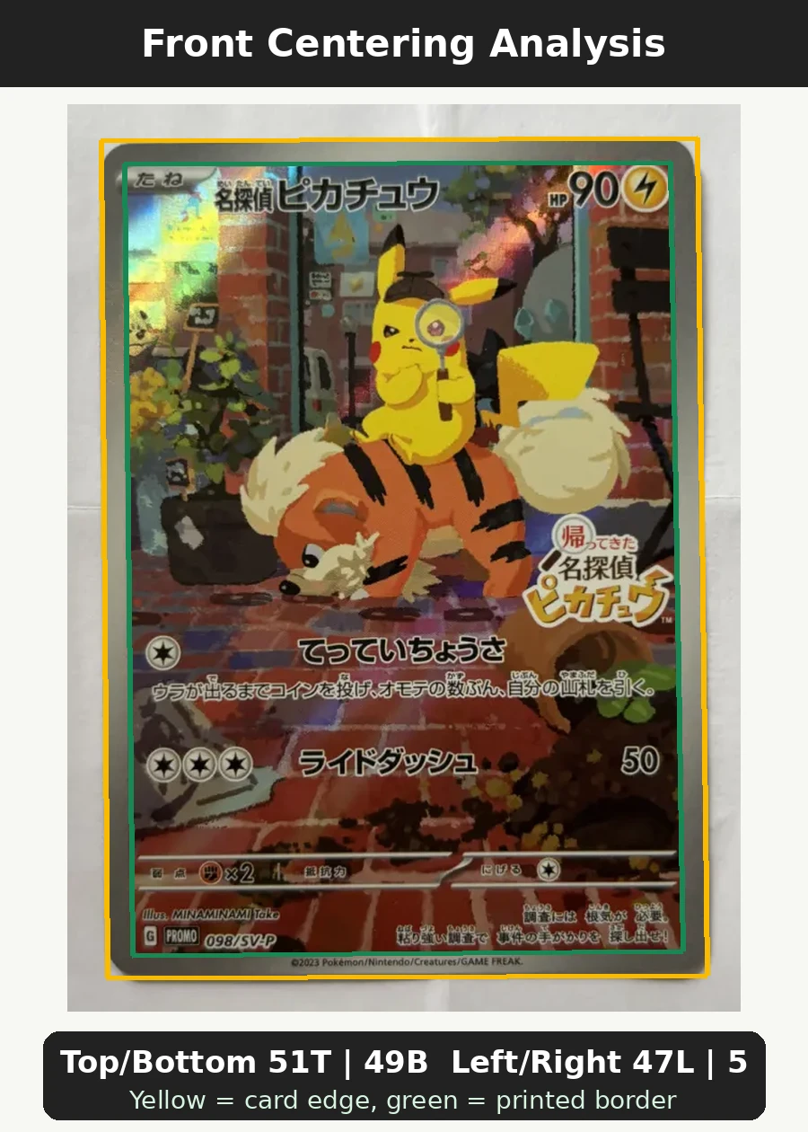 Detective Pikachu SM170/248 SM Black Star Promos front centering analysis showing Top/Bottom 51T | 49B and Left/Right 47L | 53R.