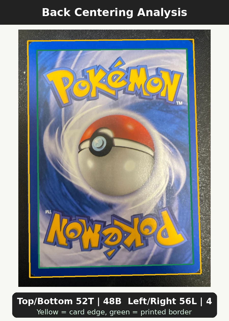 Charizard 004/130 Base Set 2 back centering analysis showing Top/Bottom 52T | 48B and Left/Right 56L | 44R.