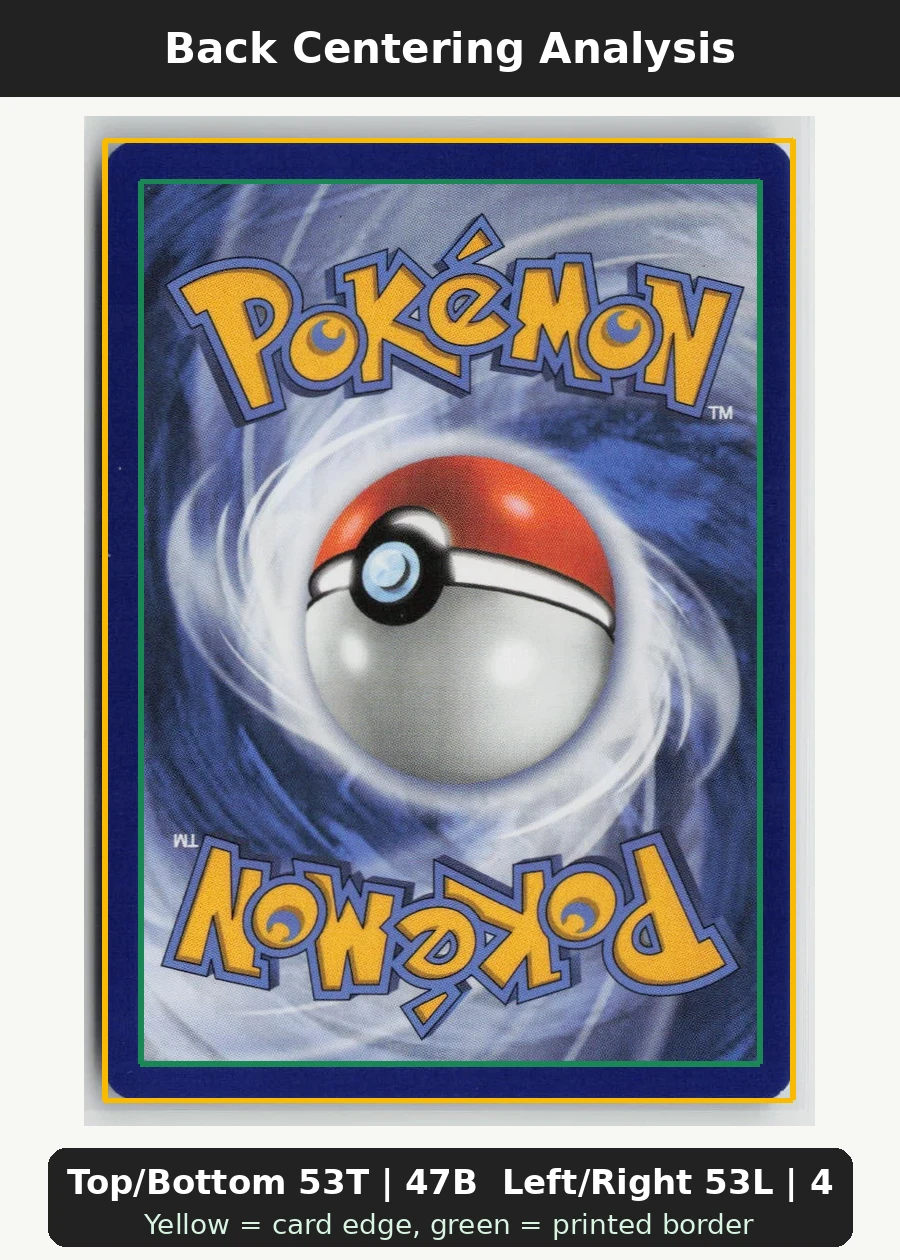 Misty's Psyduck 045/182 · Normal Destined Rivals back centering analysis showing Top/Bottom 53T | 47B and Left/Right 53L | 47R.