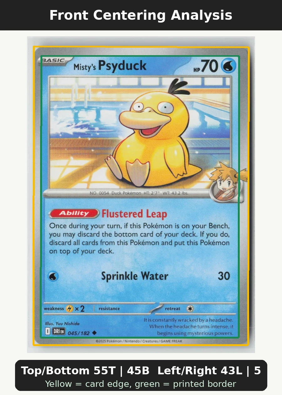 Misty's Psyduck 045/182 · Normal Destined Rivals front centering analysis showing Top/Bottom 55T | 45B and Left/Right 43L | 57R.
