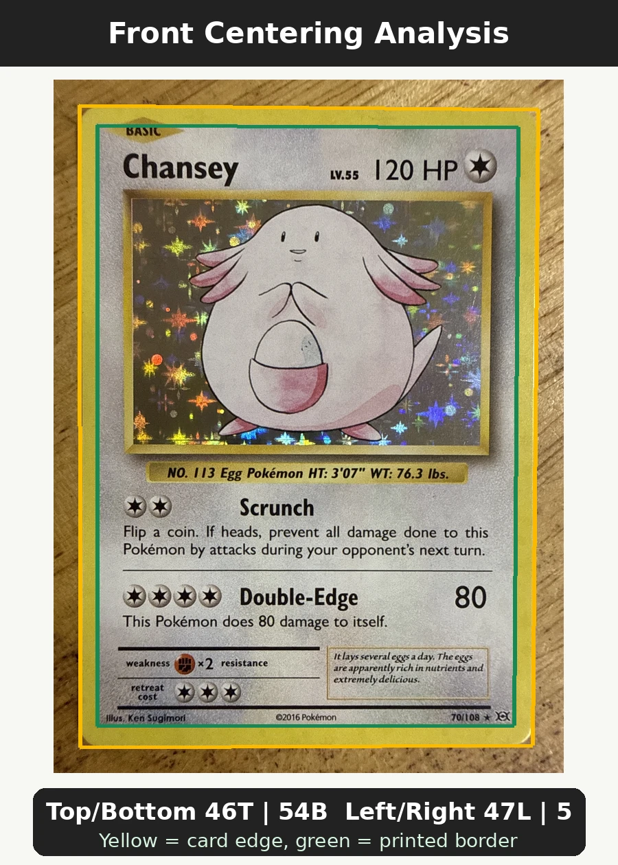 Chansey 070/108 Evolutions front centering analysis showing Top/Bottom 46T | 54B and Left/Right 47L | 53R.