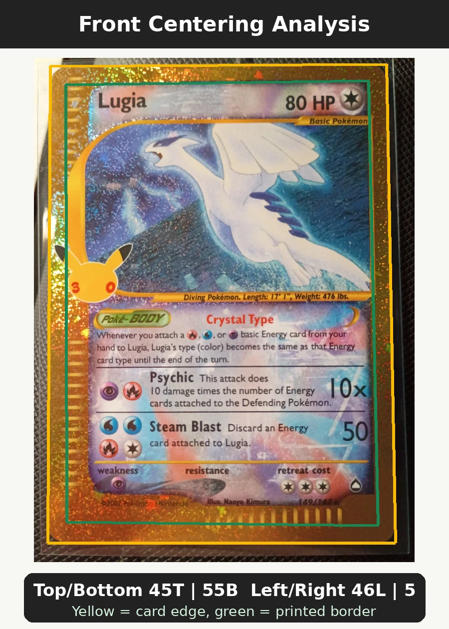 Lugia 149 30th Classic Collection front centering analysis showing Top/Bottom 45T | 55B and Left/Right 46L | 54R.