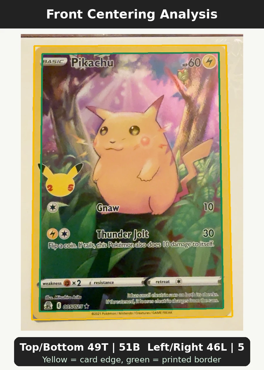 Pikachu 005/25 Celebrations front centering analysis showing Top/Bottom 49T | 51B and Left/Right 46L | 54R.