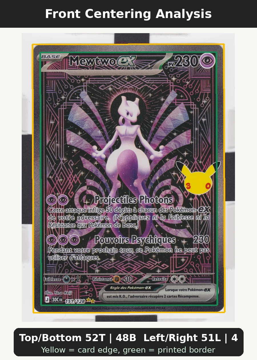 Mewtwo ex 151/128 30th Celebration front centering analysis showing Top/Bottom 52T | 48B and Left/Right 51L | 49R.