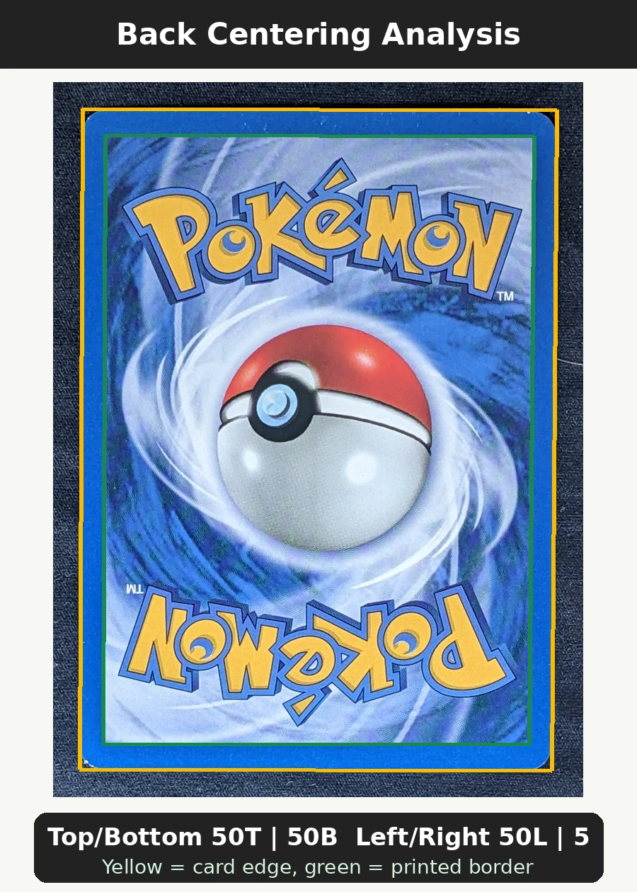 Dark Charizard 004/82 (First Edition Stamp) Team Rocket back centering analysis showing Top/Bottom 50T | 50B and Left/Right 50L | 50R.