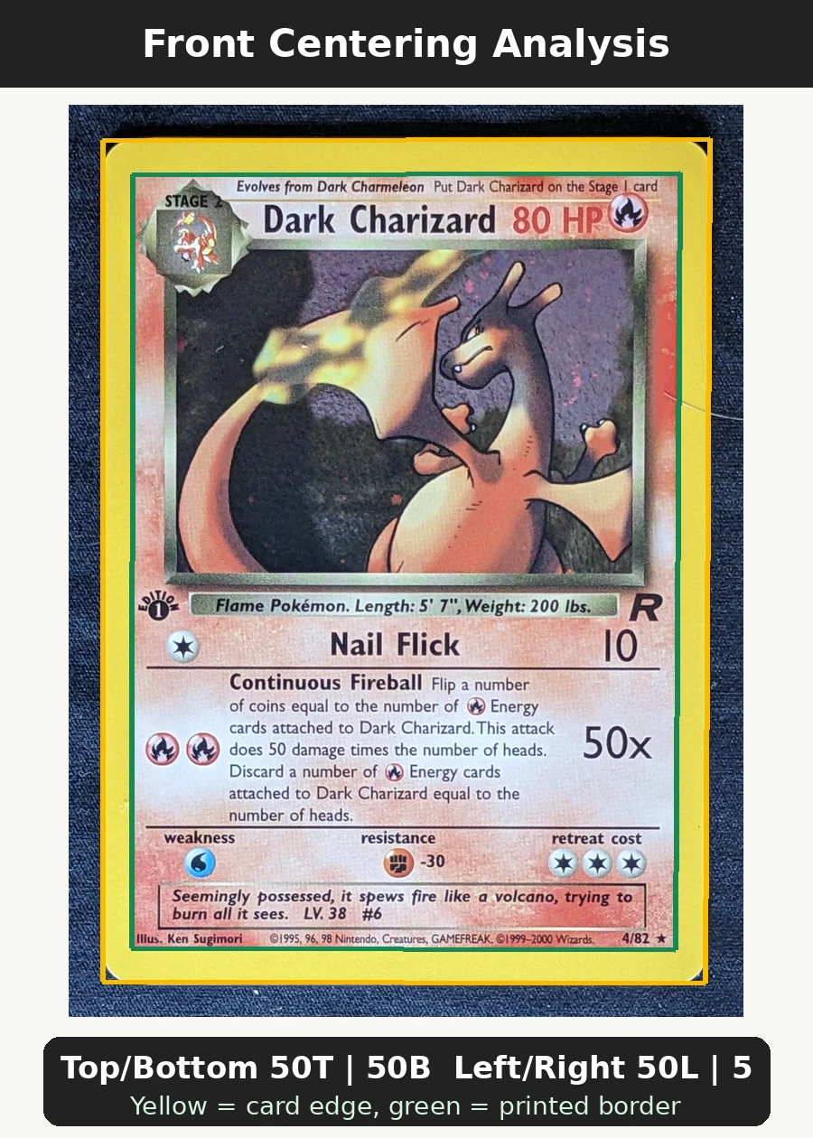 Dark Charizard 004/82 (First Edition Stamp) Team Rocket front centering analysis showing Top/Bottom 50T | 50B and Left/Right 50L | 50R.