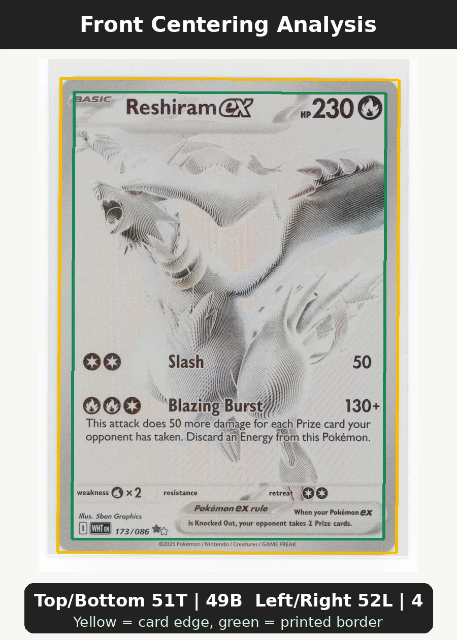 Reshiram ex 173/86 White Flare front centering analysis showing Top/Bottom 51T | 49B and Left/Right 52L | 48R.