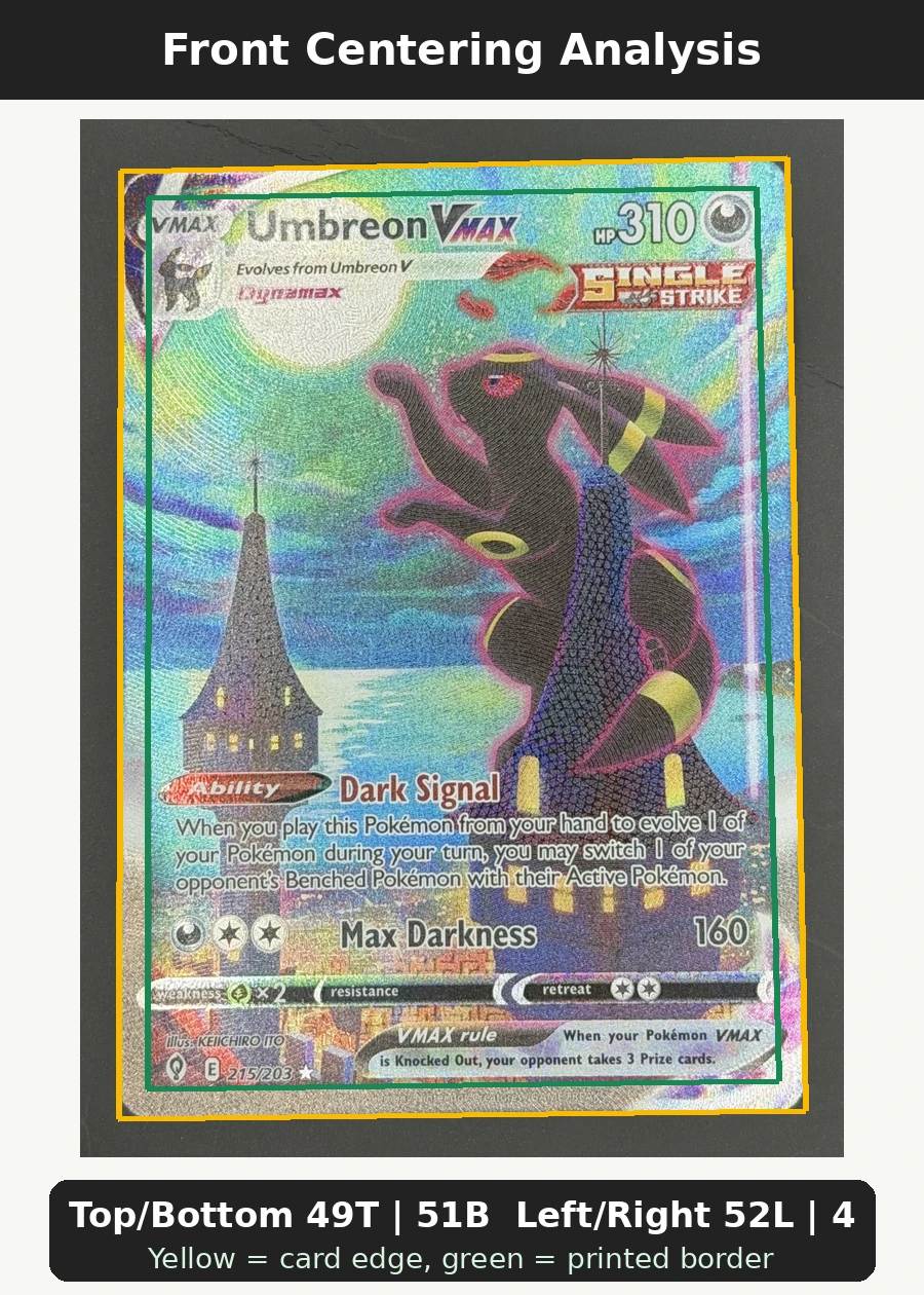 Umbreon VMAX 215/203 Evolving Skies front centering analysis showing Top/Bottom 49T | 51B and Left/Right 52L | 48R.