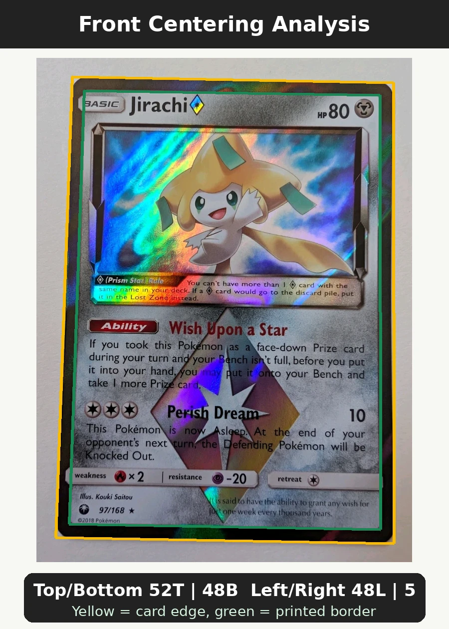 Jirachi ◇ 097/168 Celestial Storm front centering analysis showing Top/Bottom 52T | 48B and Left/Right 48L | 52R.
