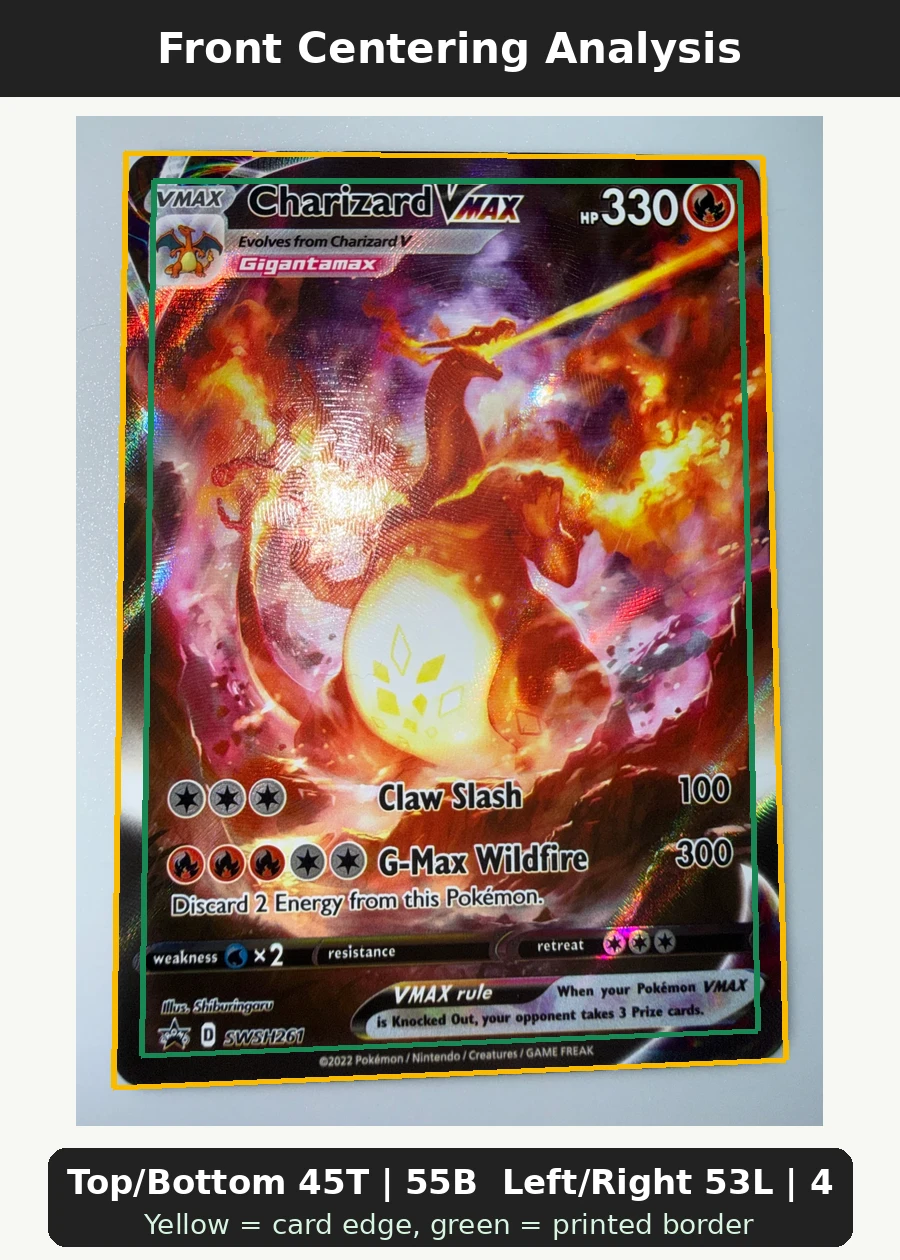 Charizard VMAX SWSH261/307 SWSH Black Star Promos front centering analysis showing Top/Bottom 45T | 55B and Left/Right 53L | 47R.
