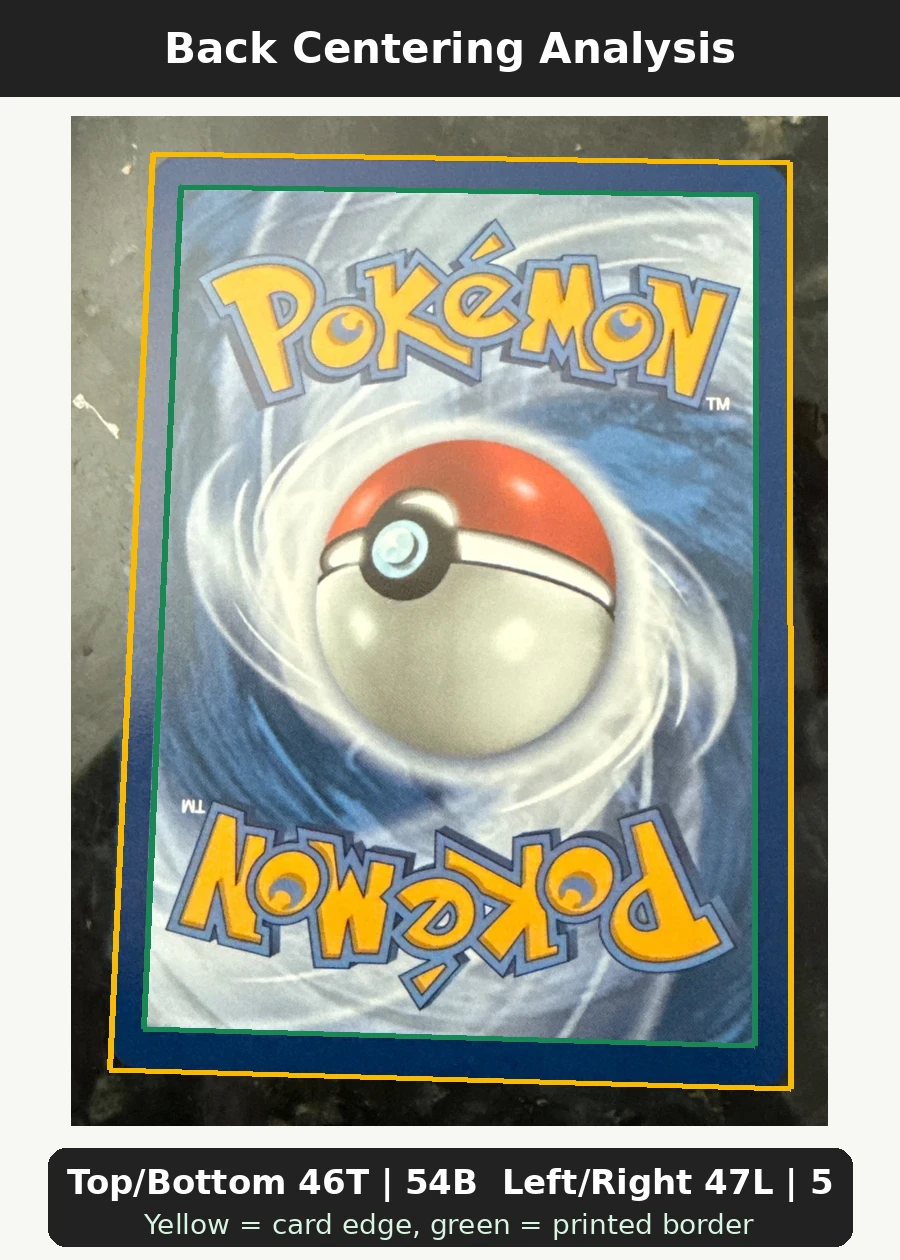 Charizard 004 30th Classic Collection back centering analysis showing Top/Bottom 46T | 54B and Left/Right 47L | 53R.