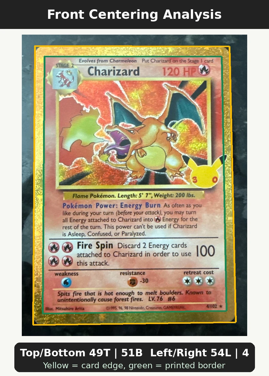 Charizard 004 30th Classic Collection front centering analysis showing Top/Bottom 49T | 51B and Left/Right 54L | 46R.