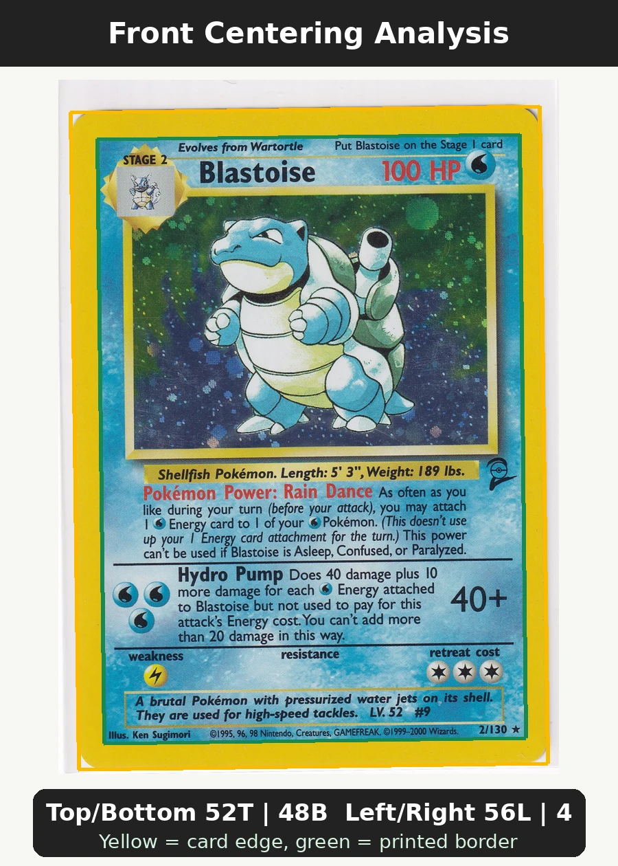 Blastoise 002/130 Base Set 2 front centering analysis showing Top/Bottom 52T | 48B and Left/Right 56L | 44R.