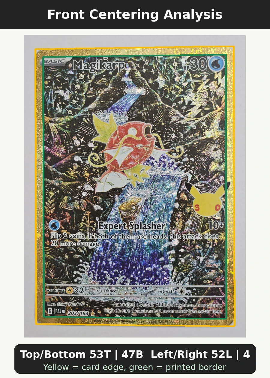 Magikarp 203 30th Classic Collection front centering analysis showing Top/Bottom 53T | 47B and Left/Right 52L | 48R.