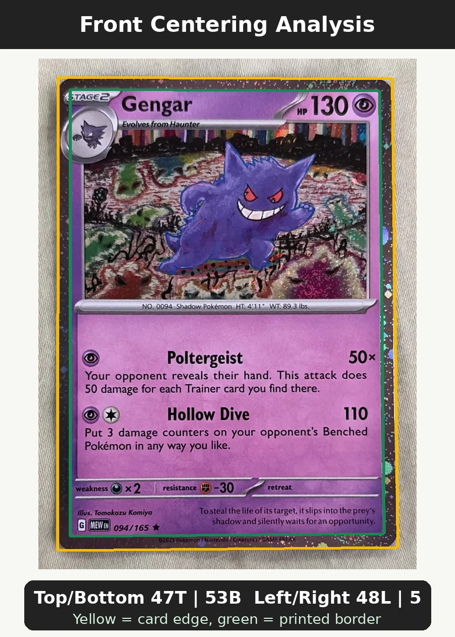 Gengar 094/165 151 front centering analysis showing Top/Bottom 47T | 53B and Left/Right 48L | 52R.