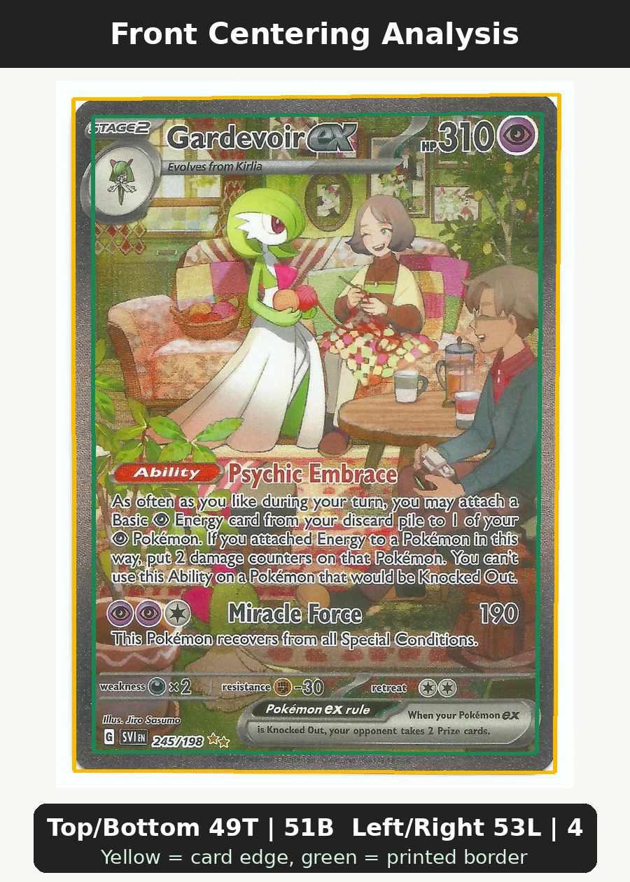 Gardevoir ex 245/198 Scarlet & Violet front centering analysis showing Top/Bottom 49T | 51B and Left/Right 53L | 47R.