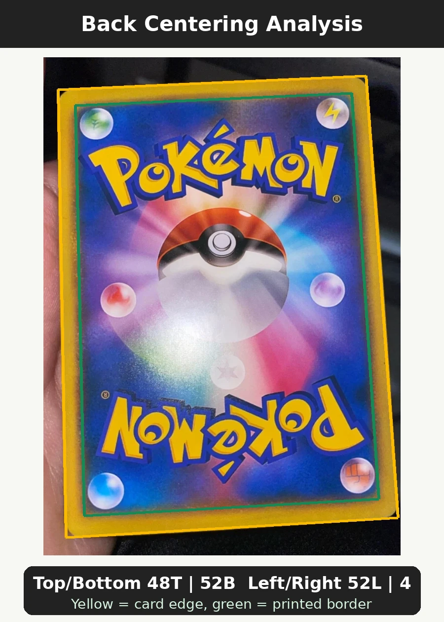 Pikachu 279 XY Promos back centering analysis showing Top/Bottom 48T | 52B and Left/Right 52L | 48R.