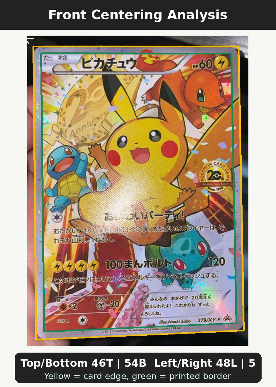 Pikachu 279 XY Promos front centering analysis showing Top/Bottom 46T | 54B and Left/Right 48L | 52R.