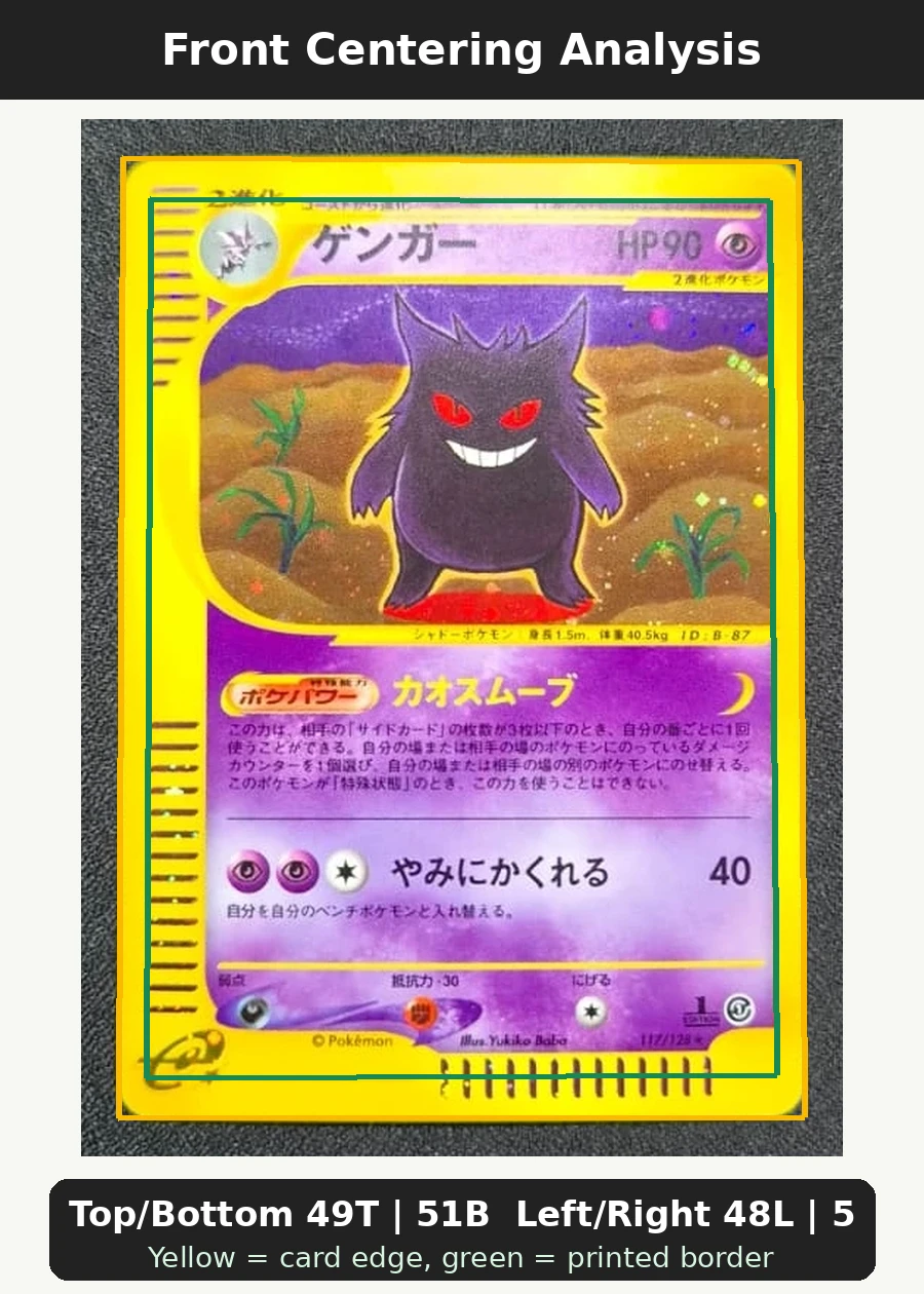 Gengar 117/128 Base Expansion Pack front centering analysis showing Top/Bottom 49T | 51B and Left/Right 48L | 52R.