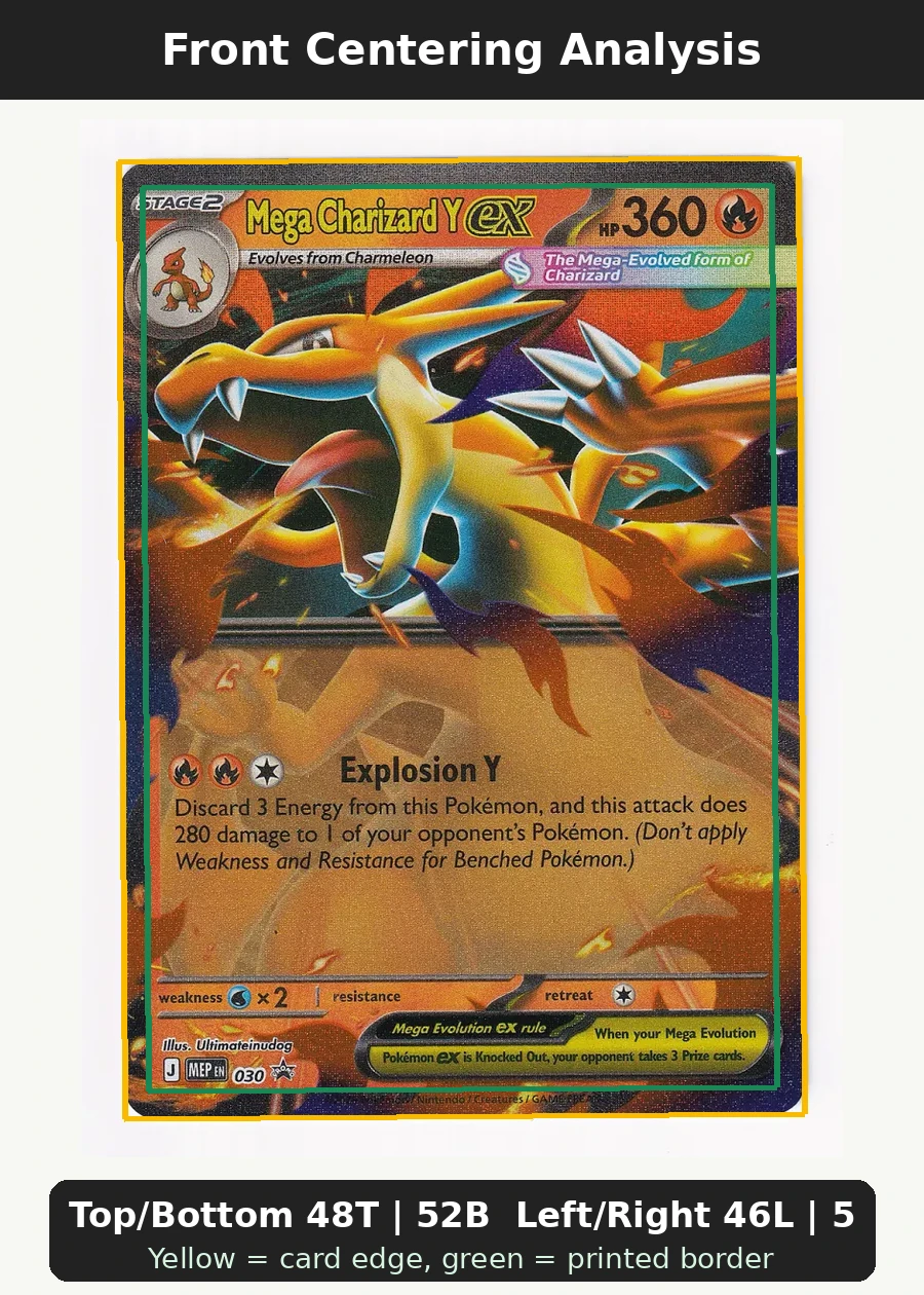 Mega Charizard Y ex 030 MEP Black Star Promos front centering analysis showing Top/Bottom 48T | 52B and Left/Right 46L | 54R.