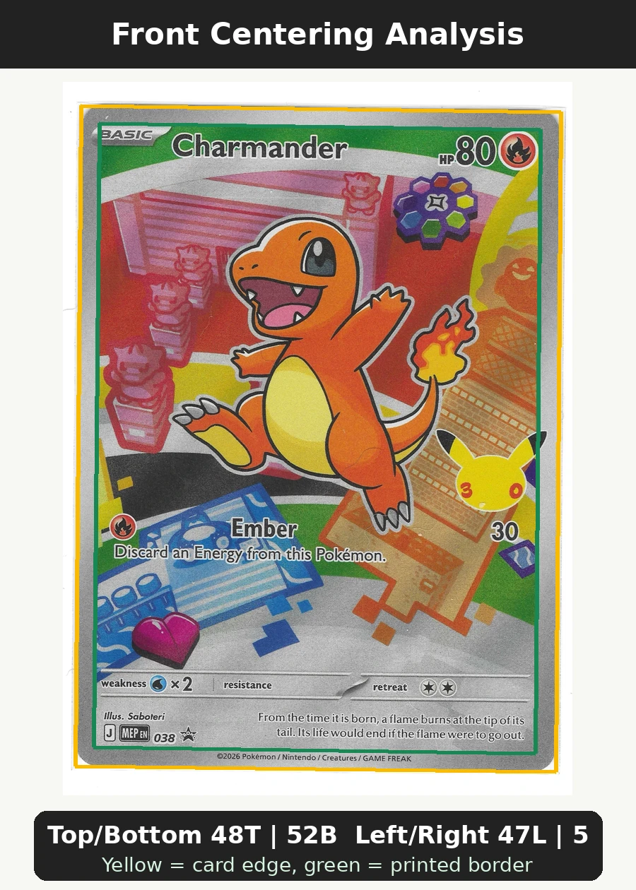 Charmander 038 MEP Black Star Promos front centering analysis showing Top/Bottom 48T | 52B and Left/Right 47L | 53R.