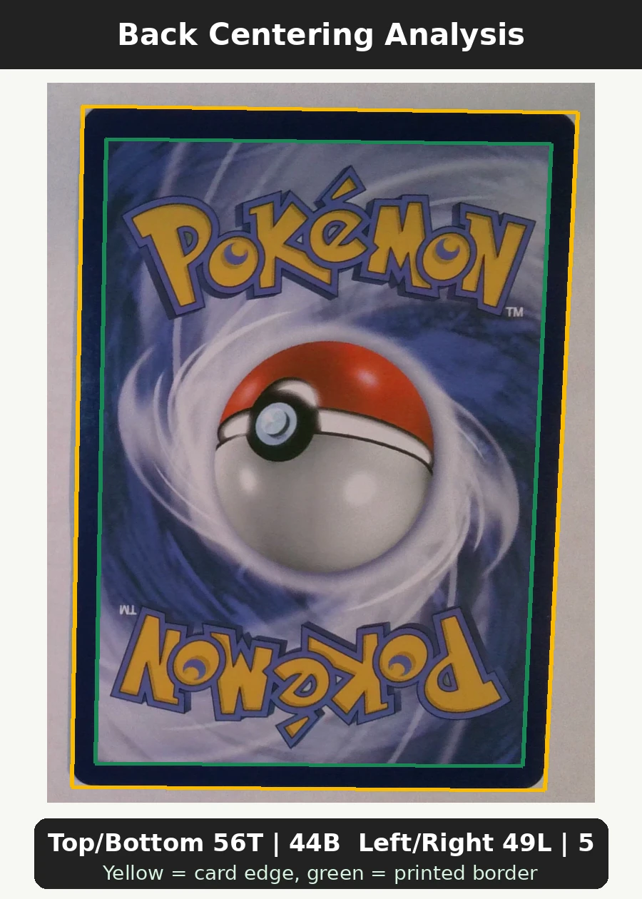 Pikachu Libre 247 XY Promos back centering analysis showing Top/Bottom 56T | 44B and Left/Right 49L | 51R.
