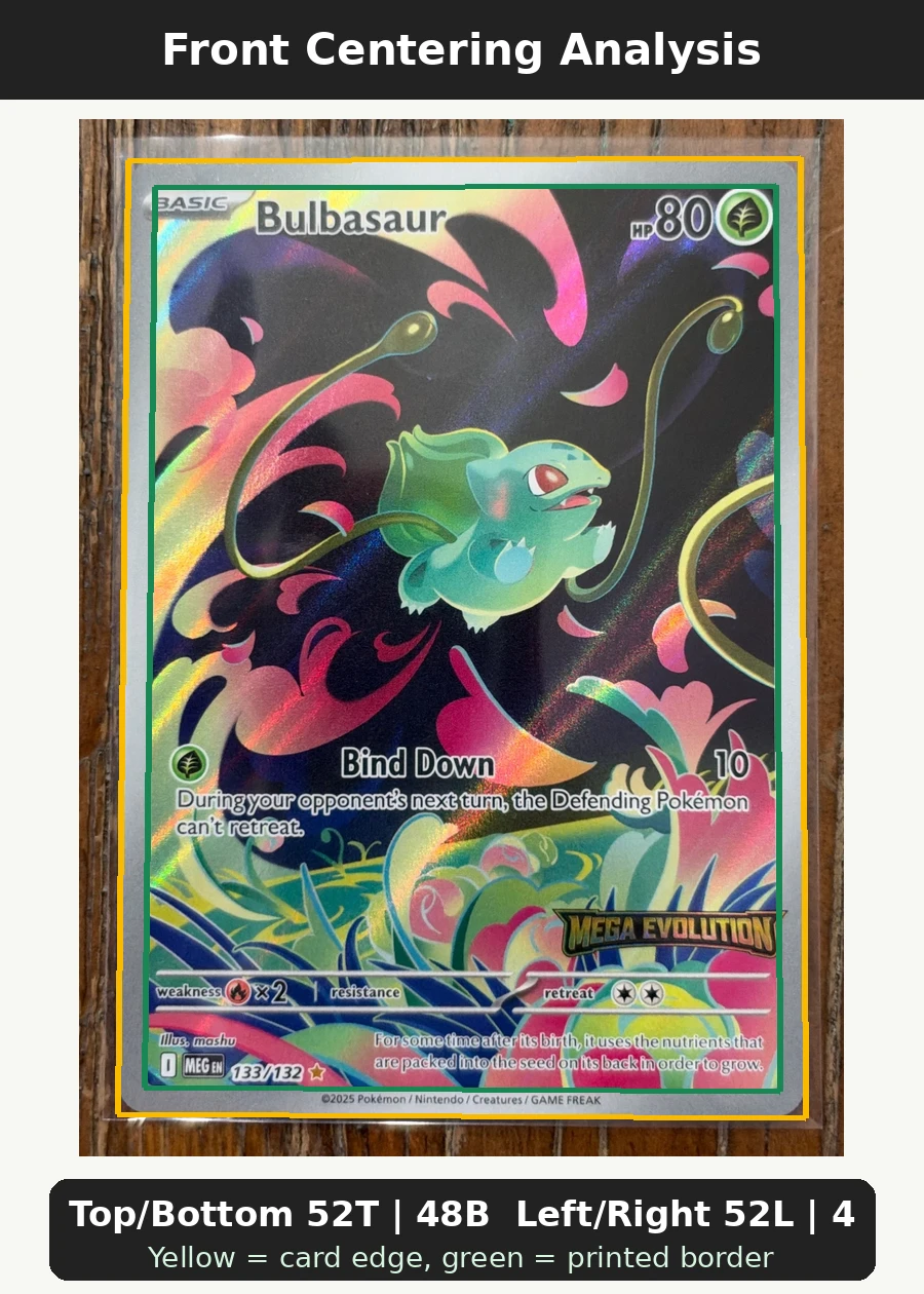 Bulbasaur 133/132 Mega Evolution front centering analysis showing Top/Bottom 52T | 48B and Left/Right 52L | 48R.