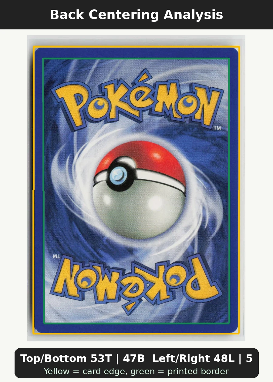 Psyduck 065/82 · Normal Team Rocket back centering analysis showing Top/Bottom 53T | 47B and Left/Right 48L | 52R.