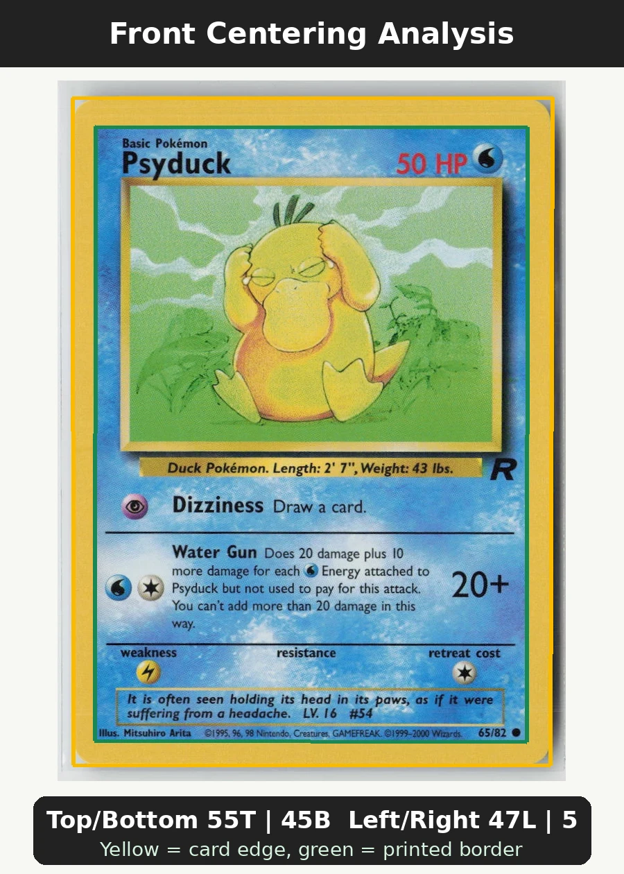 Psyduck 065/82 · Normal Team Rocket front centering analysis showing Top/Bottom 55T | 45B and Left/Right 47L | 53R.