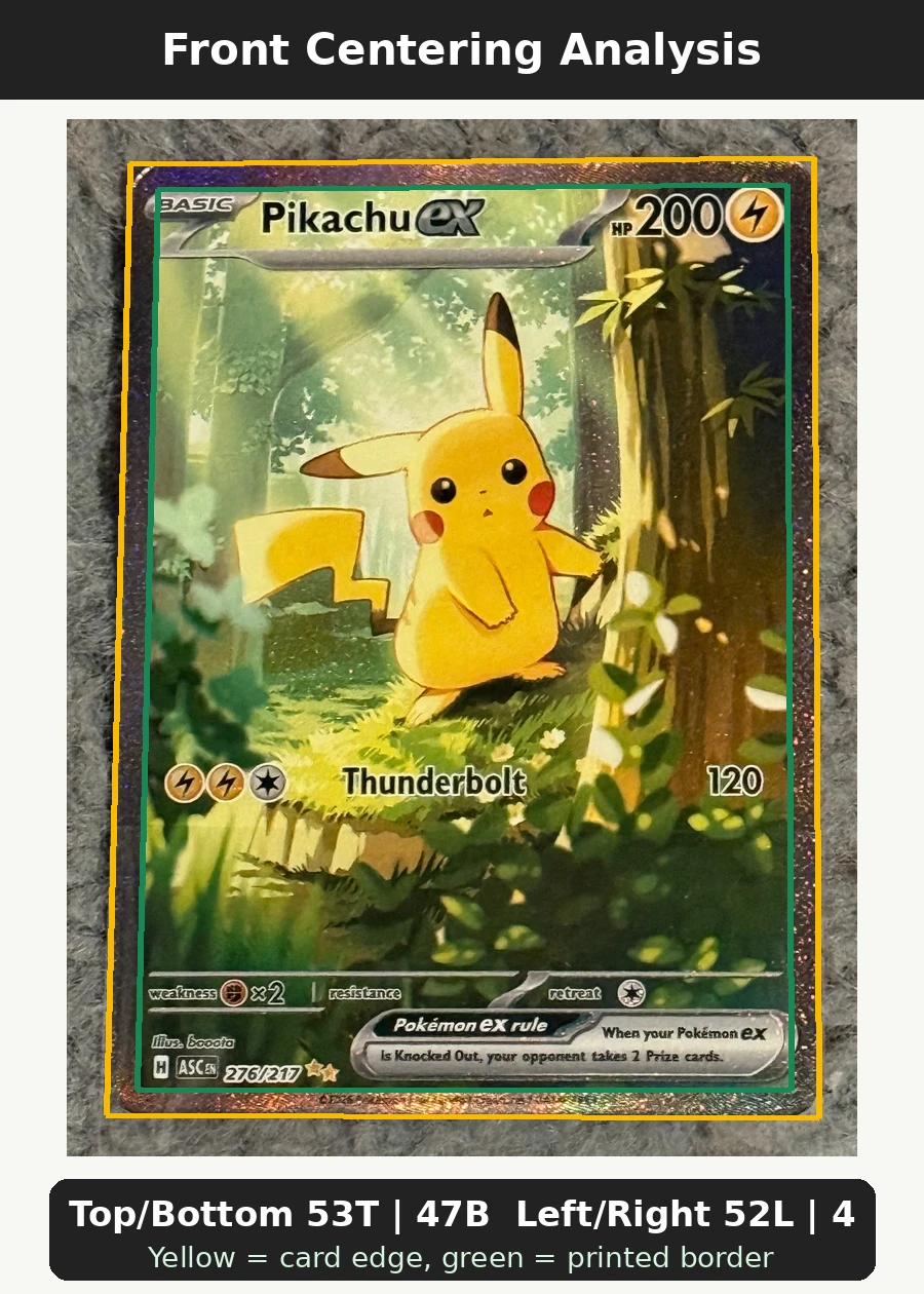Pikachu ex 276/217 Ascended Heroes front centering analysis showing Top/Bottom 53T | 47B and Left/Right 52L | 48R.
