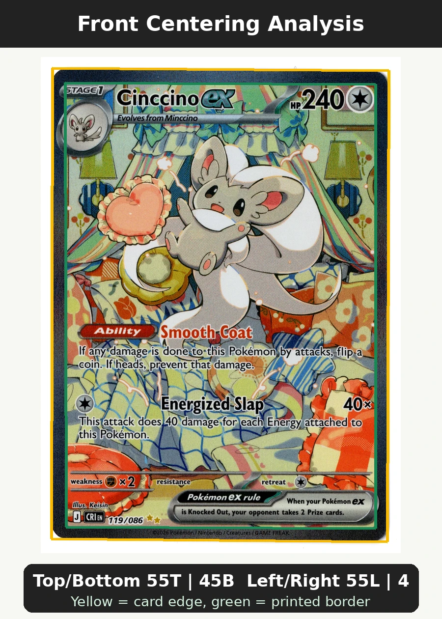 Cinccino ex 119/86 Chaos Rising front centering analysis showing Top/Bottom 55T | 45B and Left/Right 55L | 45R.